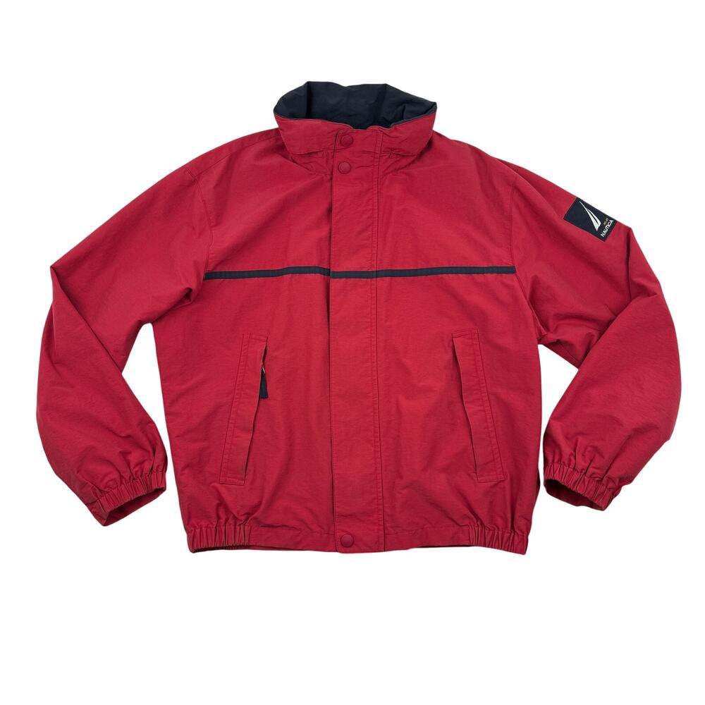 Nautica Cotton Nylon Jacket Red Zip Windbreaker Coastal Nautical Preppy Medium